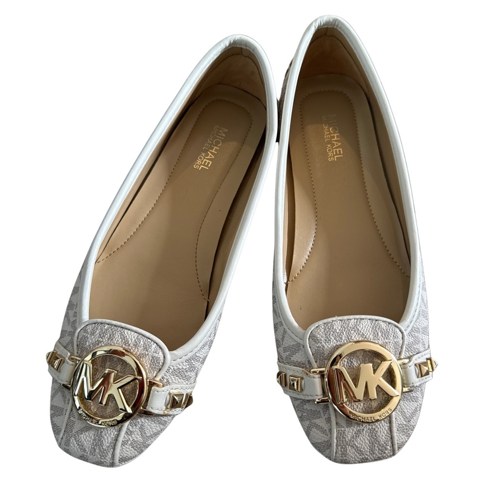 Michael Kors White and Gold Signature Loafers